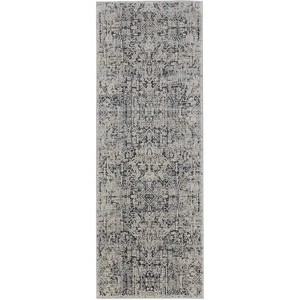 HomeRoots 8' Ivory and Gray Abstract Power Loom Worn Faded Runner Rug With Fringe - 1 of 3
