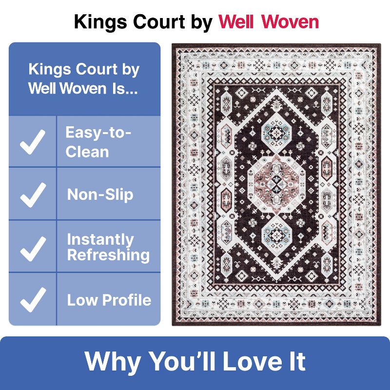 Well Woven Kings Court Kama Black - Non-Slip Rubber Backed Oriental Medallion Rug - Hallway, Entryway & Kitchen - Machine-Washable, Low Looped Pile, 5 of 9