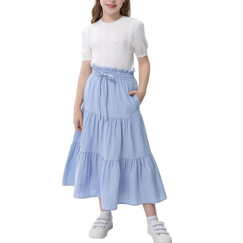 Maxi Skorts Skirt for Girls Button Front Ruffle High Waisted Long Skirts with Belt and Pocket 3-12 Years, 1 of 8