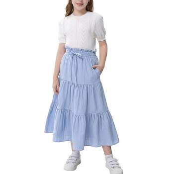 Maxi Skorts Skirt for Girls Button Front Ruffle High Waisted Long Skirts with Belt and Pocket 3-12 Years