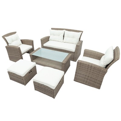 GlasFlength Patio Seating Sets 6 PCS Patio Furniture Set Rattan Sectional Conversation Sofa Coffee Table, White, 38.9"*19.6"*15.3"