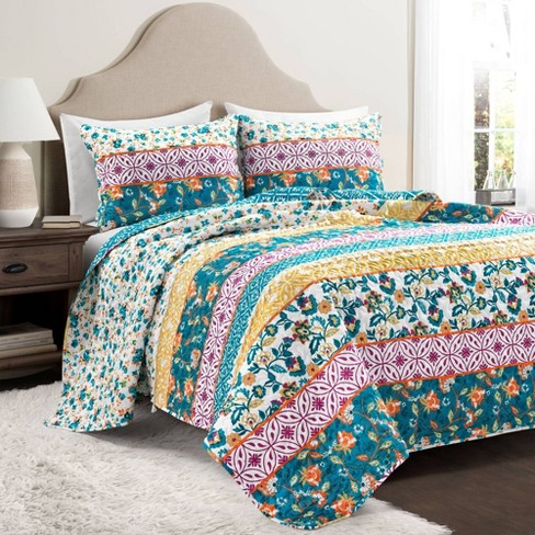 Floral Blue 3pc Bedspread Quilt Set. Stitch Quilted Coverlet Set