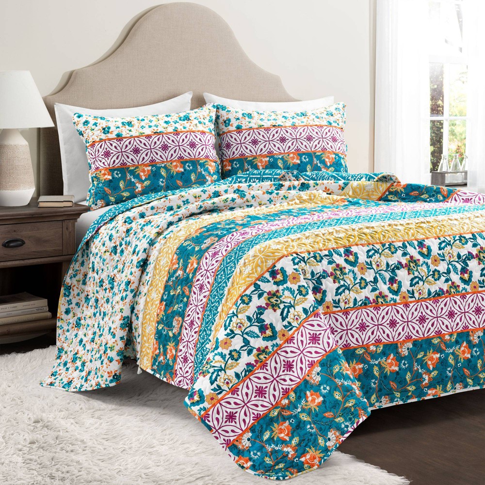 King Emily Boho Stripe Reversible Quilt &#38; Sham Set Turquoise - Lush D&#233;cor: Microfiber, OEKO-TEX Certified