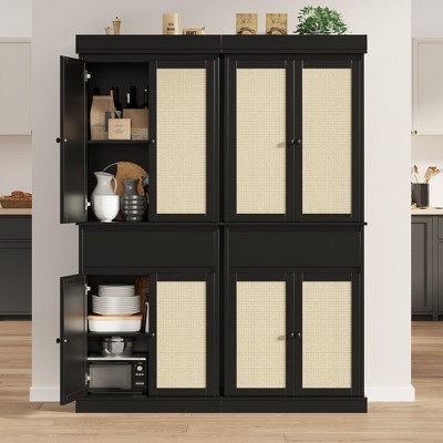 Tall Black MDF Kitchen Pantry Cabinet with Rattan Doors