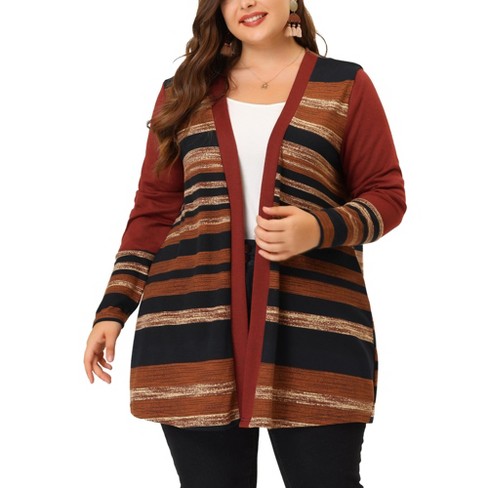 Agnes Orinda Women's Plus Size Long Open Front Striped Sweater Knit  Cardigans Red 1X