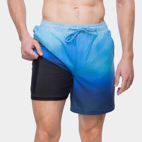 Rokka&Rolla Men's 7'' Tie Dye Swim Shorts with Compression Liner-Blue Wash, size Medium
