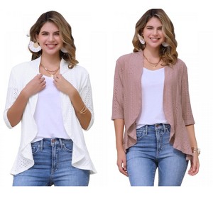 INSPIRE CHIC Women's 3/4 Sleeve Dressy Neck Ruffle Open Front Casual Eyelet Cardigans 2 Packs - 1 of 4