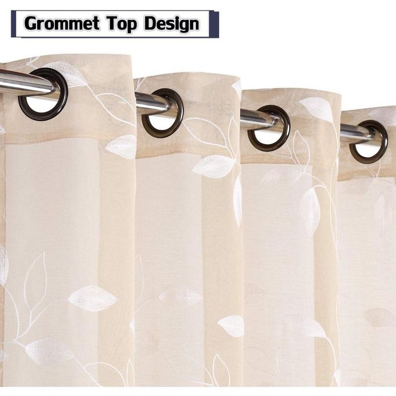 Leaves Embroidered Voile Sheer Grommet Window Curtain Panels, 2 of 6