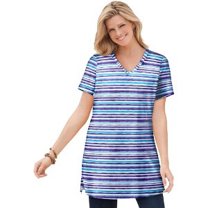 Woman Within Women's Plus Size Perfect Printed Short-Sleeve Shirred V-Neck Tunic - 1 of 4