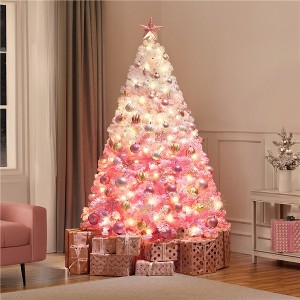 Yaheetech Pre-lit Flocked Artificial Christmas Tree with Warm Lights, PVC Branch Snow Frosted Xmas Tree with Foldable Stand - 1 of 4