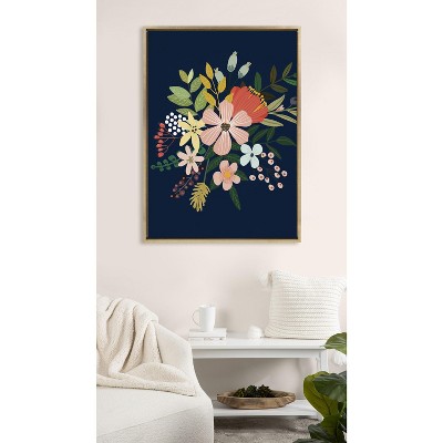 Gold Framed Floral Canvas Art with Dark Blue Background, 28x38