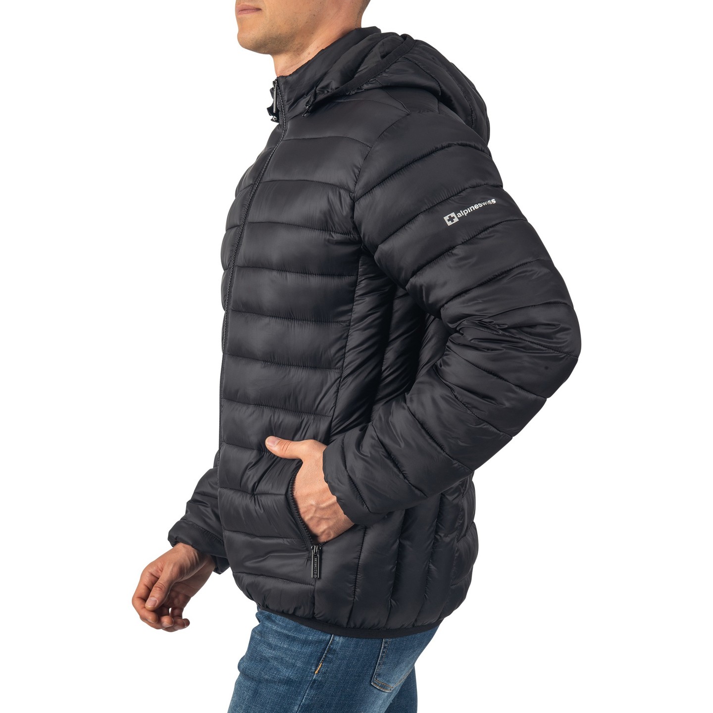 Мужская куртка Alpine Swiss Lightweight Puffer Jacket with Removable Hood Milo Winter Coat Packable Water-Resistant Down Alternative Bubble Jacket BLK 2XL — фото 5