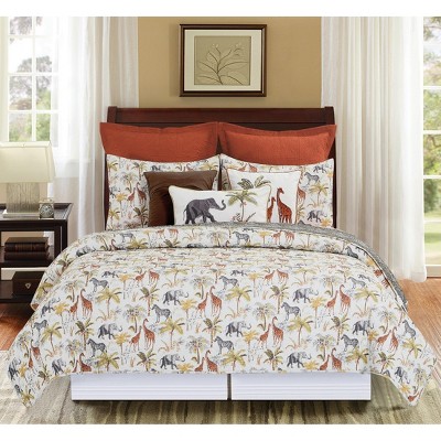 King Size Cotton Reversible Boho Jungle Print Quilt Set