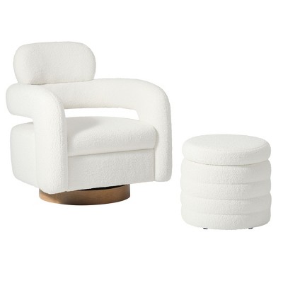 WestinTrends Alexandria Mid-Century Modern Faux Shearling Swivel Barrel Accent Chair With Storage Ottoman