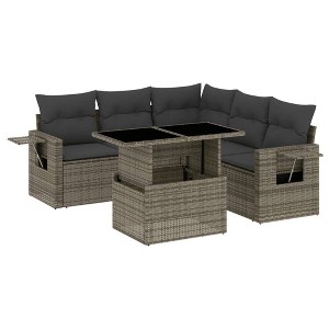 vidaXL 6 Piece Patio Sofa Set with Cushions Gray Poly Rattan - 1 of 4