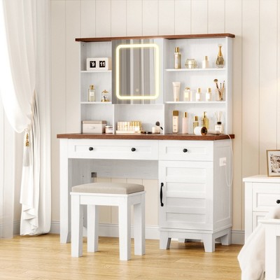 Farmhouse Makeup Vanity Desk with Mirror and Lights, Power Outlet, 2 Drawers and Cushioned Stool, Glass Top for Bedroom Dressing Room