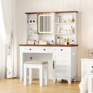 Farmhouse Makeup Vanity Desk with Mirror and Lights, Power Outlet, 2 Drawers and Cushioned Stool, Glass Top for Bedroom Dressing Room - 1 of 4