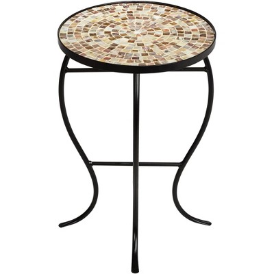 Mother of Pearl Mosaic Black Iron Outdoor Accent Tables Set of 2