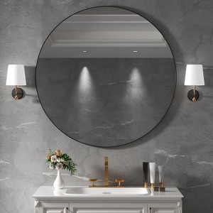 FAMYYT 36 in. W x 36 in. H Round Aluminum Framed Wall Bathroom Vanity Mirror in Glossy Black - 1 of 4