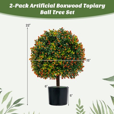 22'' Artificial Boxwood Topiary Ball Tree with Orange Fruits in Cement Pot