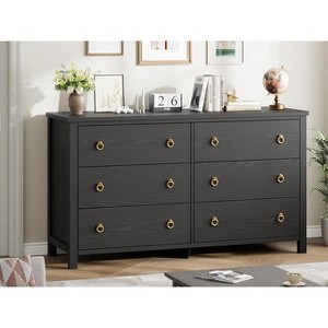 Dresser for Bedroom with 6 Drawers, Wooden Chest with Clothes Storage Cabinet，Wide Dresser with Chest of Drawers,Black - 1 of 4