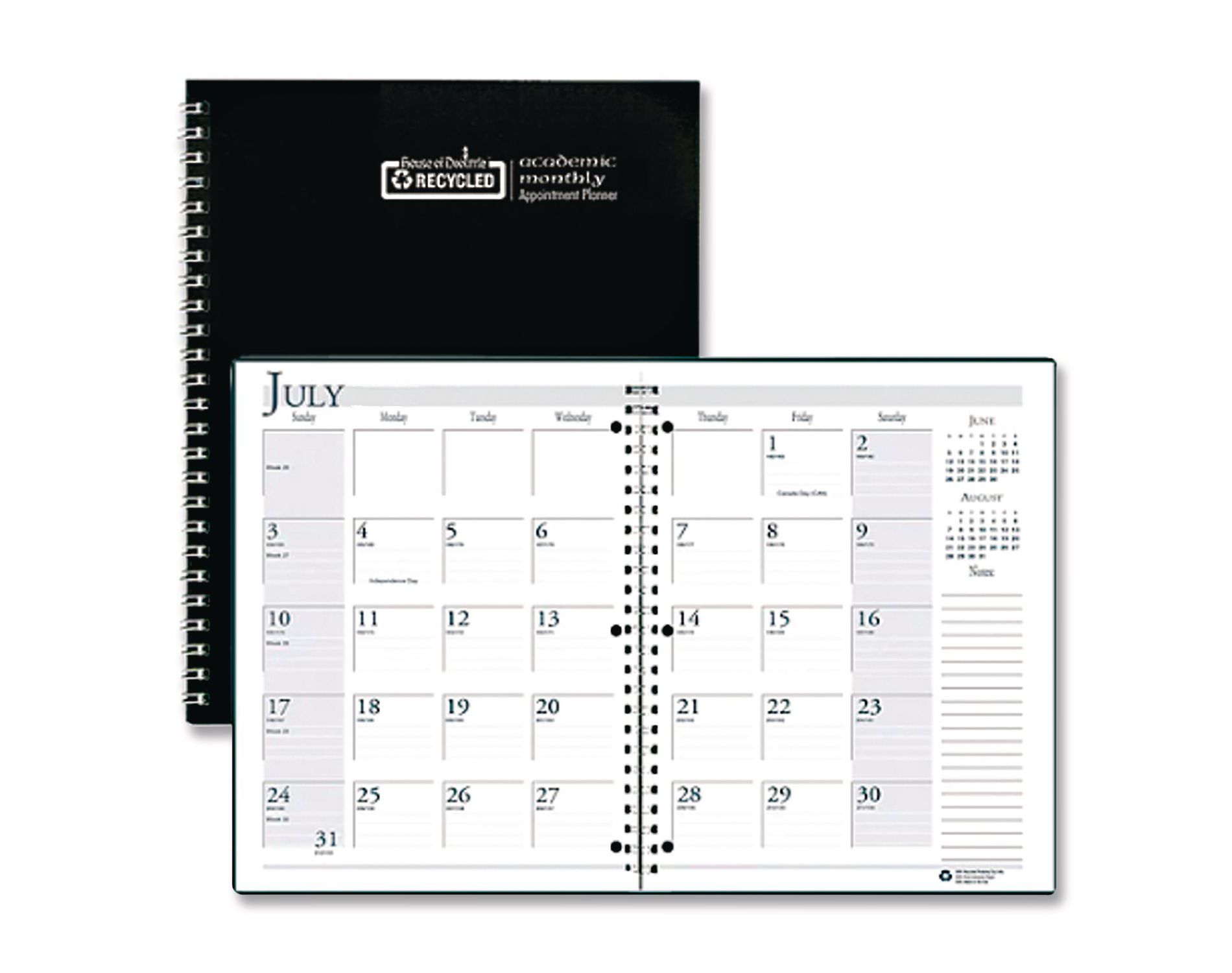 Recycled Three-Hole Punched Wirebound Academic Monthly Planner, 11 x 8.5, Black Cover, 14-Month: July 2025 to Aug 2026