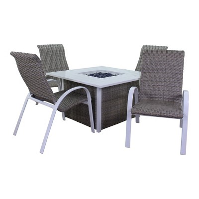 Courtyard Casual Santa Fe 5 pc Square Fire Pit Set with Wicker Chairs  Includes One Square Fire Pit and Four Wicker Chairs