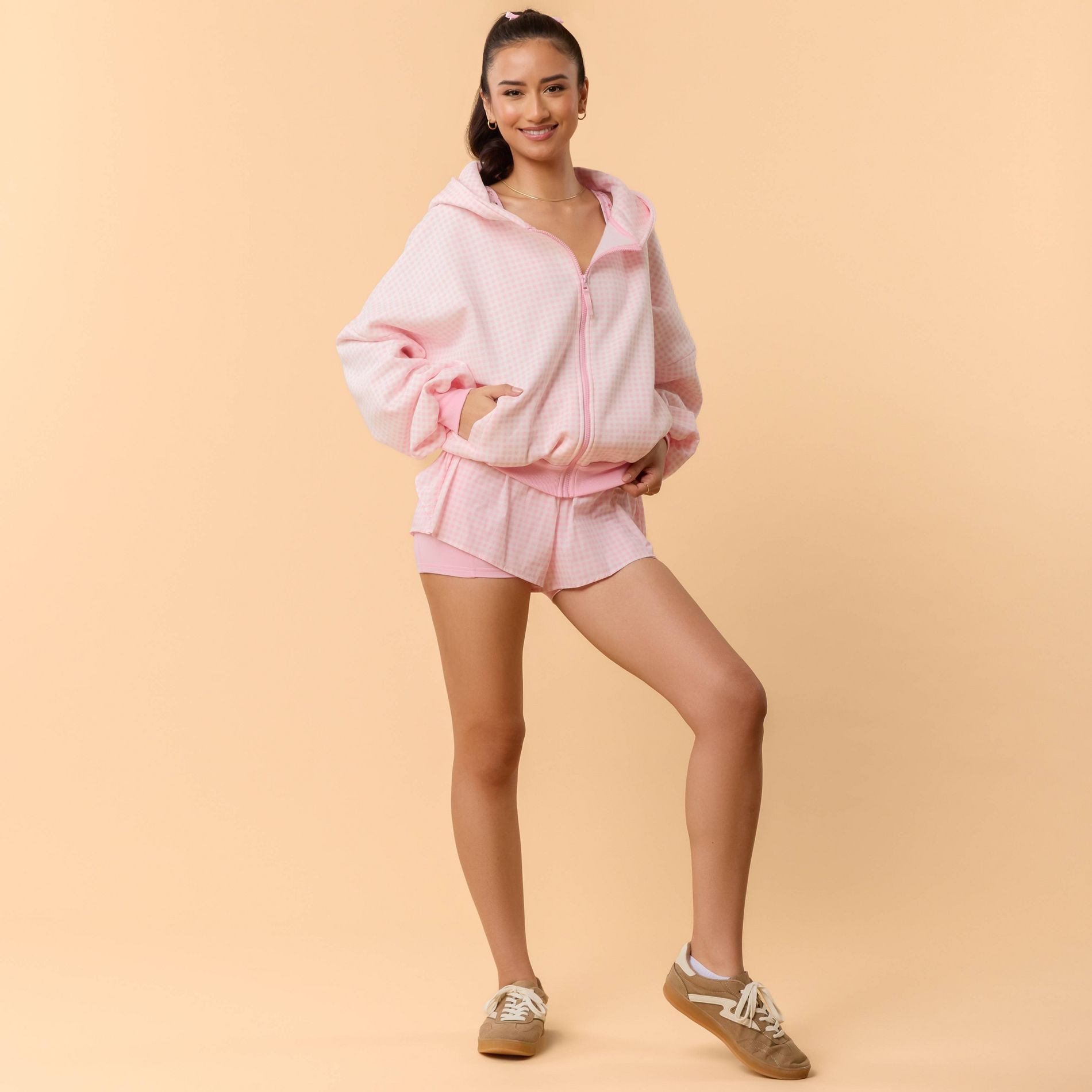 Blogilates Women's Marshmallow Full Zip Hooded Sweatshirt - Pink Gingham L