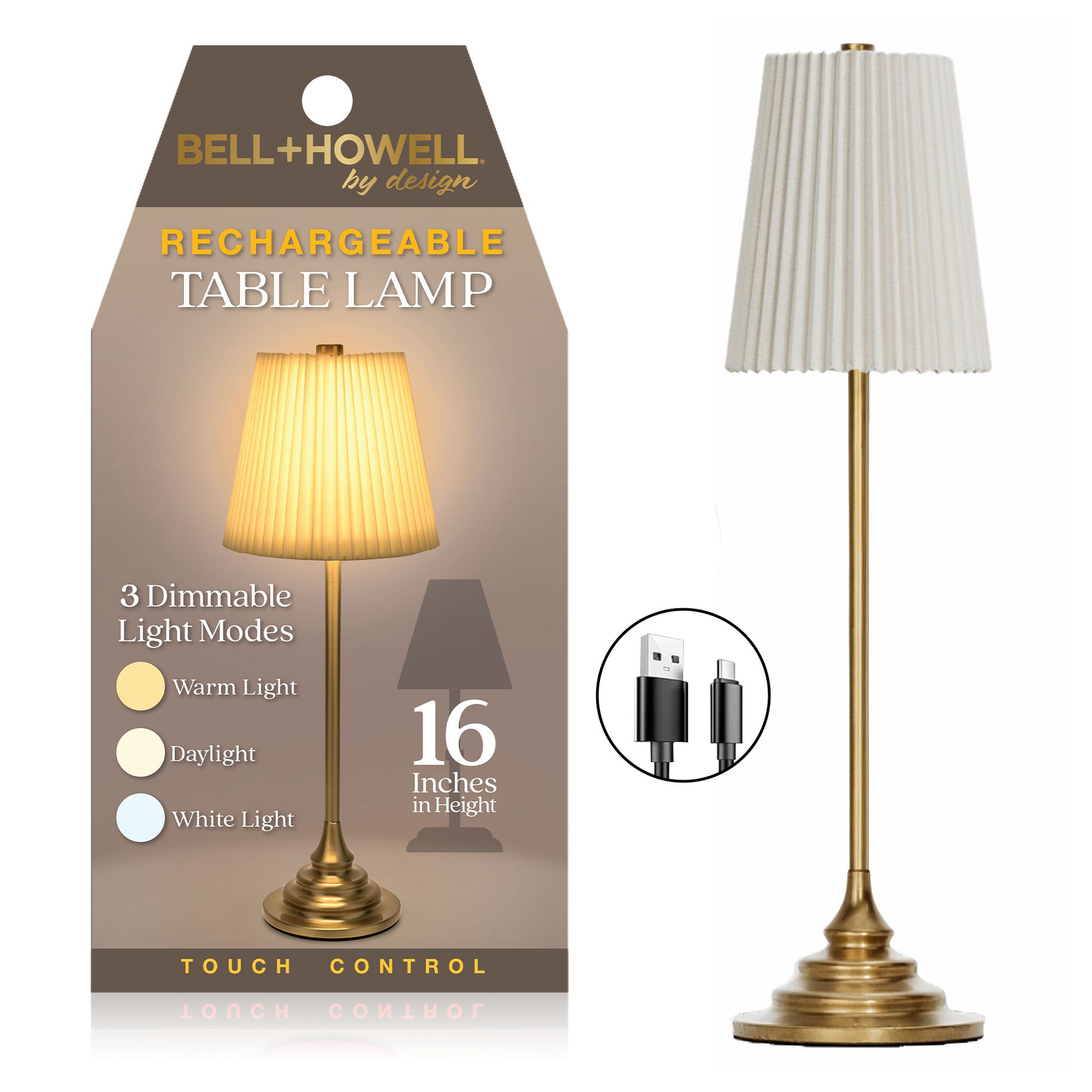 Bell + Howell Rechargeable Touch Control LED Table Lamp, 1-Piece Pleated Shade Portable Cordless Lamp