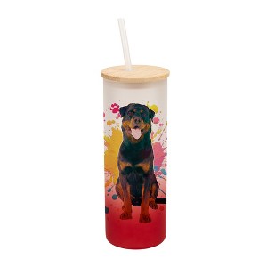 100 North 25 Ounce Frosted Glass Gradient Travel Tumbler With Straw & Wooden Lid, Rottweiler Dog Paint Splatter Red - 1 of 4