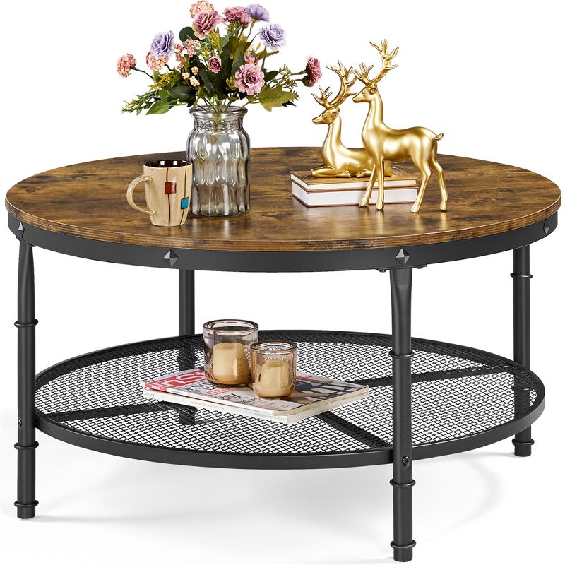 Yaheetech Round Coffee Table with Iron Mesh Storage Shelf for Living Room, Rustic Brown, 3 of 9