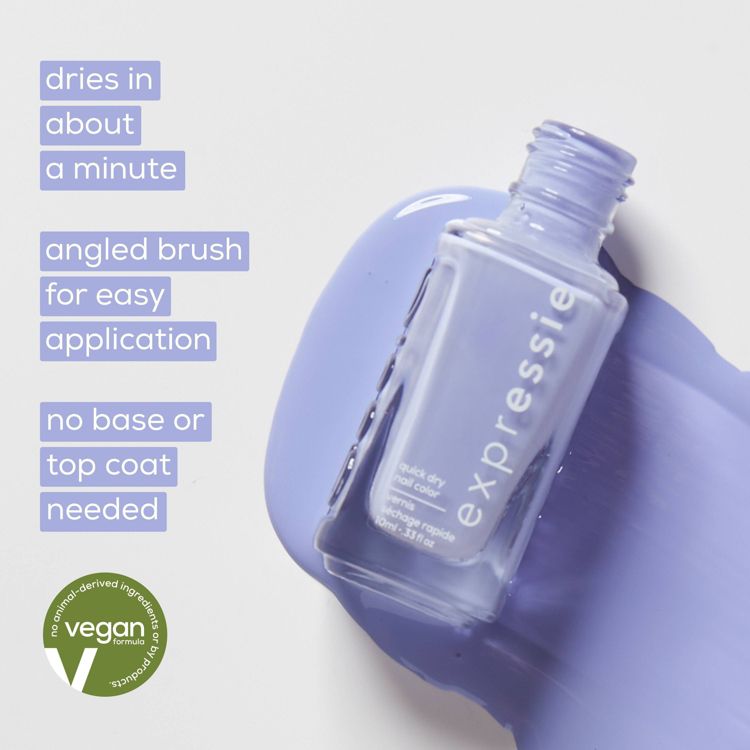 A bottle of expressie quick dry nail color in light purple colored polish, with text highlighting features like "dries in about a minute" and "angled brush for easy application," alongside a vegan formula badge.