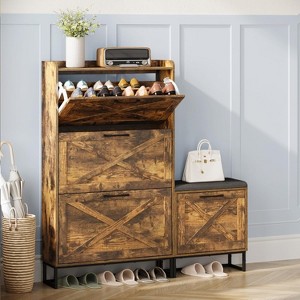CuisinSmart Farmhouse Shoe Cabinet with 4 Flip Drawers, Shoe Storage Cabinet with Upholstered Bench, for Hallway Living Room Closet- Natural Oak - 1 of 4
