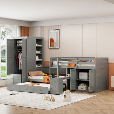 Twin Size Wooden Bunk Bed with Trundle, Cabinet, Wardrobe, Desk and Drawers - ModernLuxe