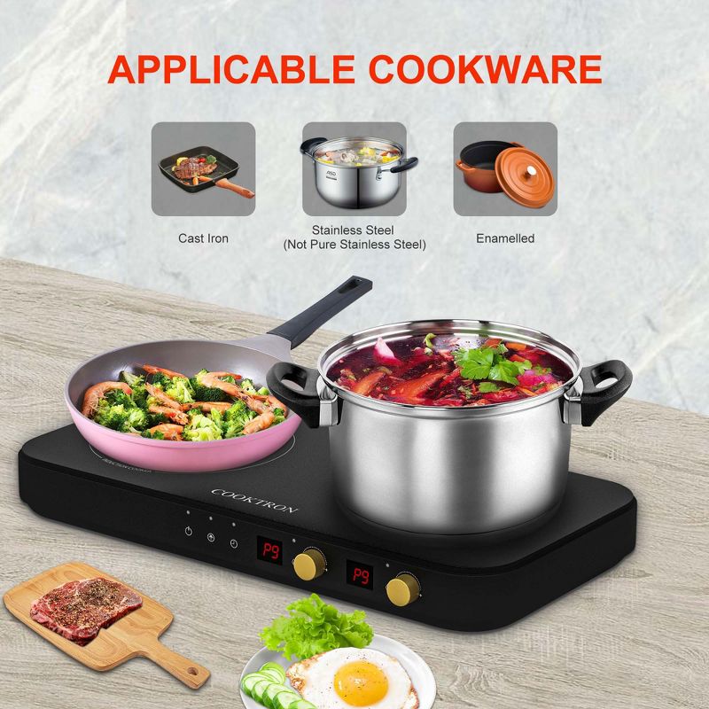 COOKTRON Portable Double Burner Electric Induction Cooktop with Cast Iron Griddle, 7 Temperature Levels, 9 Power Levels & Child Safety Lock, 4 of 8
