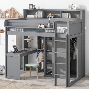 Whisen Wood Twin Size Loft bed with Multiple Storage Shelves and Wardrobe - 1 of 4