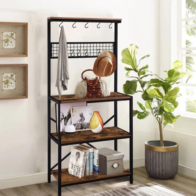 SKONYON 4 Tier Kitchen Bakers Rack Storage Shelf Cart with Hanging Hooks Brown