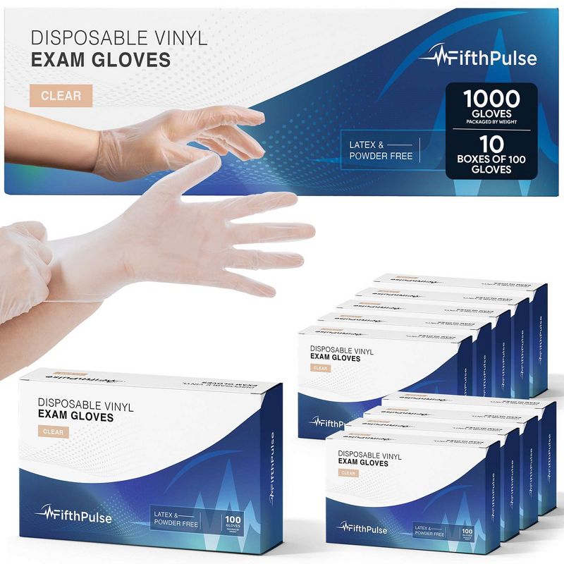 FifthPulse Disposable Vinyl Exam Gloves, Clear, Box of 1000 - Powder-Free, Latex-Free, 3-Mil Thickness, 1 of 8