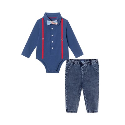Andy & Evan  Infant  Navy Suspender Shirtzie w/Faux Denim Terry Pant