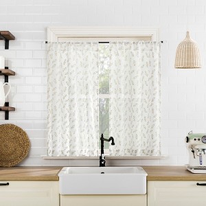 No. 918 2pc Hawthorne Leaf Print Crushed Sheer Voile Kitchen Curtain Tier Pair Taupe - 1 of 4