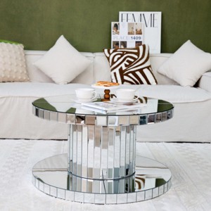 Double-Tier Round Mirror Coffee Table with Fluted Glass Tabletop,31" Modern Sofa Side Table  for Living Room Entryway-Coolbibila - 1 of 4