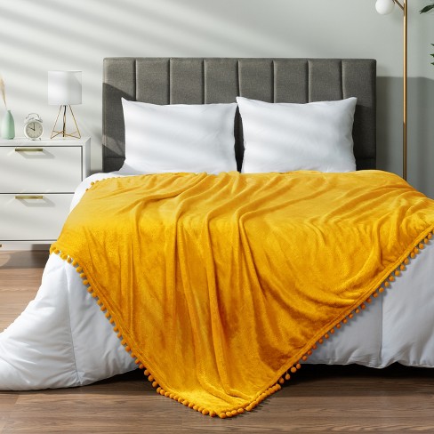 Pavilia Fleece Pom Pom Blanket Throw For Sofa Bed Soft Lightweight Pompom Fringe Blanket For Couch Mustard Yellow twin 60x80 Target