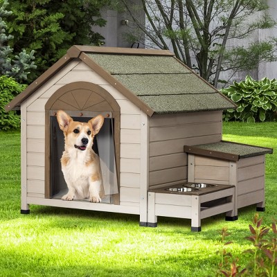 LAOTIES Outdoor Wooden Dog House,Fir Wood Kennel With Storage And Elevated Feeding Station,Openable Roof For Small To Medium Dogs