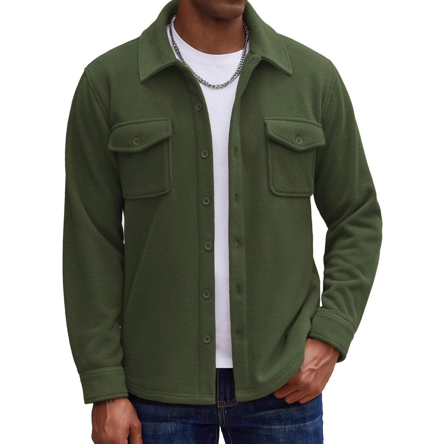 Мужская куртка COOFANDY Casual Shirt Jacket Lightweight Button Down Shacket Fleece Overshirt Army Green, цвет: Зелёный — фото 1