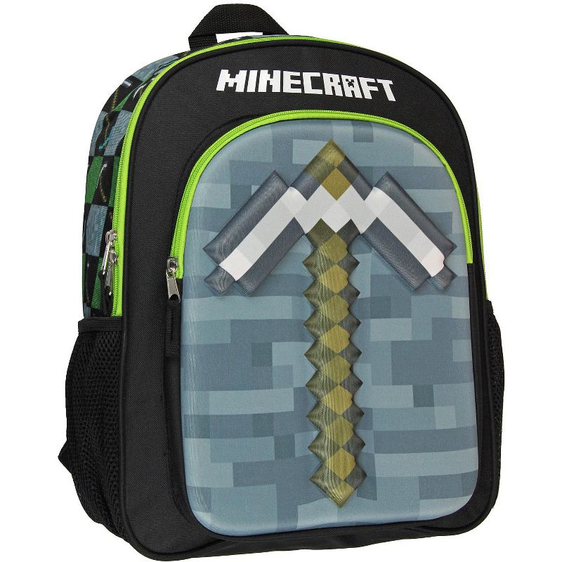 Minecraft Backpack Kids 16" 3D Molded Pickaxe Childrens School Bag Black, 1 of 5