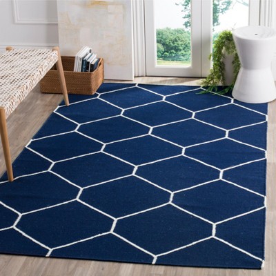 Navy and Ivory Geometric Wool Flat Weave Rug, 3' x 5'