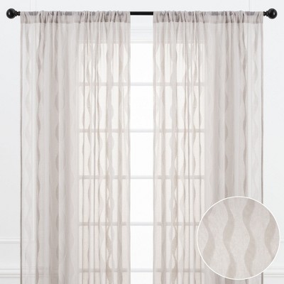 Taupe Sheer Wavy Pattern Rod Pocket Window Curtains - 52 x 63 Inches