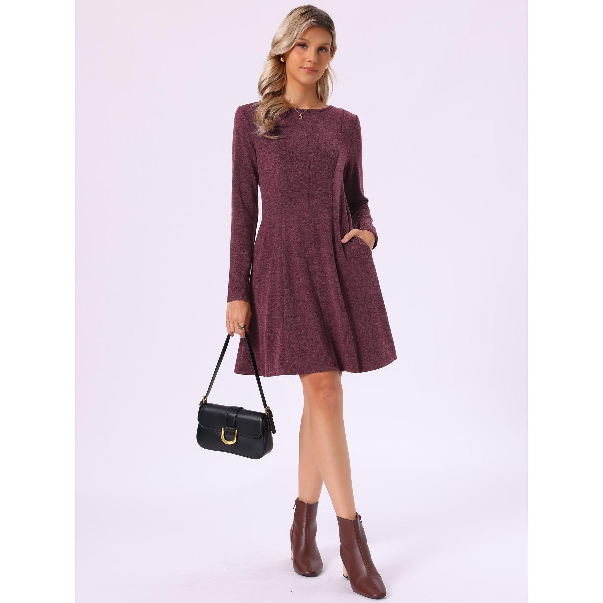 Женские платья INSPIRE CHIC Women's Casual Knit Mini Long Sleeve Lightweight Round Neck Pull-On Dress X Small Dark Red — фото 4