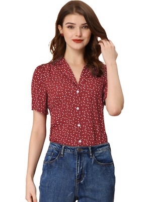 Allegra K Women's Heart-Shaped Polka Dots V Neck Short Sleeve Button Down Vintage Blouse