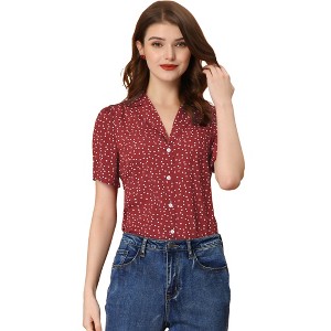 Allegra K Women's Heart-Shaped Polka Dots V Neck Short Sleeve Button Down Vintage Blouse - 1 of 4